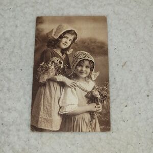 Antique Belgian Postcard Edwardian Girls w Flowers RPPC France Script Stamp...